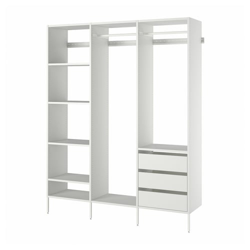 White AURDAL closet system, adjustable shelves, drawers, metal and wood frame.