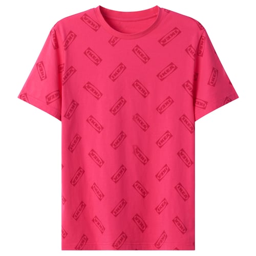 Bright pink ikea t-shirt with repeated ikea logos, casual fit, 100% cotton.