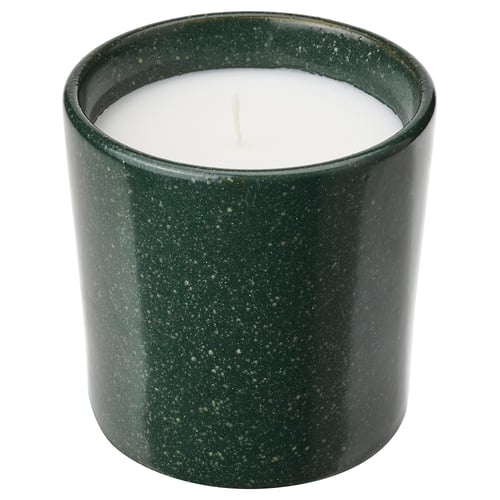 AVMÅLA green ceramic mint scented candle, cylindrical with glaze design.