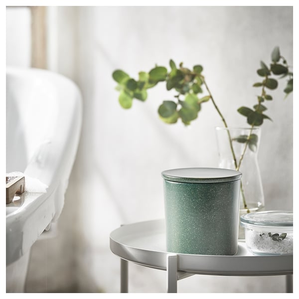 AVMÅLA Scented candle in ceramic jar w lid, Crisp mint/dark green, 60 hr
