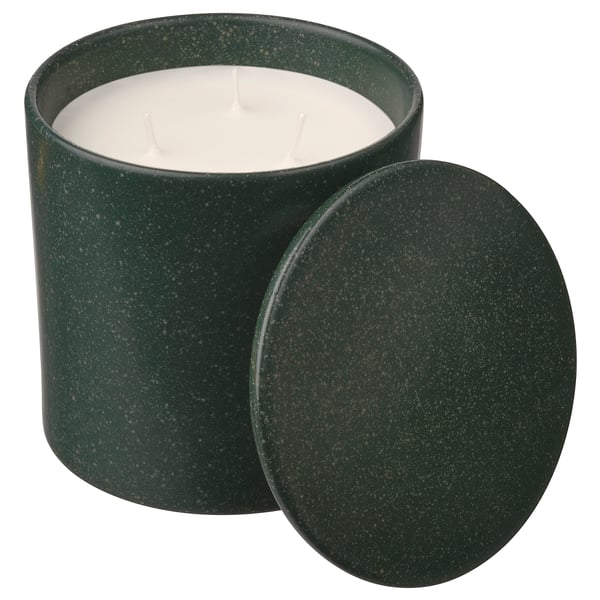 AVMÅLA Scented candle in ceramic jar w lid, Crisp mint/dark green, 60 hr