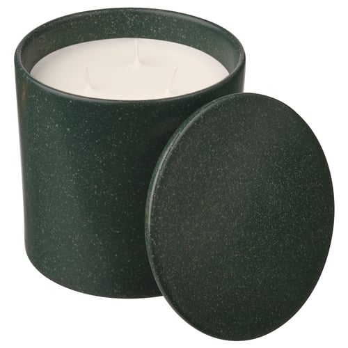 AVMÅLA: green speckled ceramic candle jar with lid, triple wick, mint & cedar scent.
