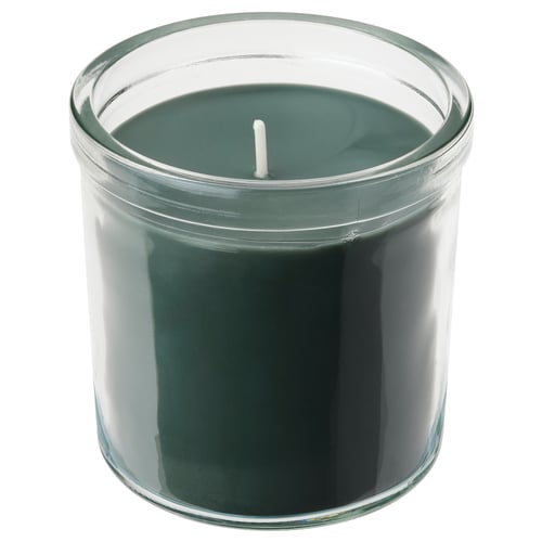 AVMÅLA scented candle, dark green, glass & wax, cylindrical, fresh mint-scented.
