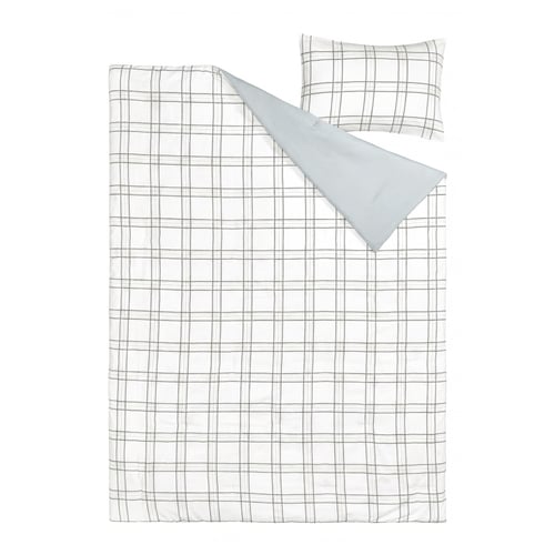 AXLÖNN chequered comforter set, grey/white, cotton-viscose, rectangular, plaid pattern.