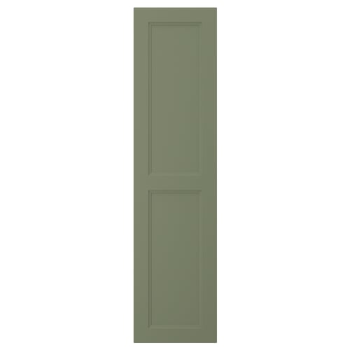 A tall, green cabinet door with a simple panel design, made of fiberboard and plastic foil.
