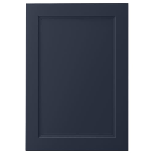 AXSTAD dark blue kitchen cabinet door with inset panel, sleek design, matt finish, fiberboard core, high-pressure laminate back, plastic foil front.