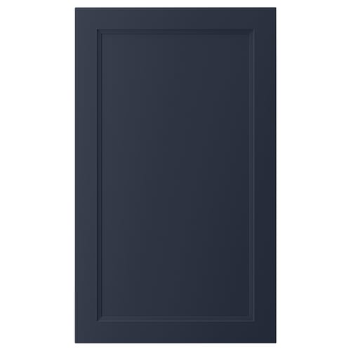 AXSTAD blue kitchen cabinet door. Modern, inset panel design, rectangular. Made from recycled plastic foil and fiberboard.