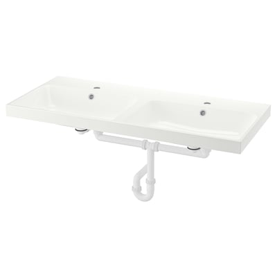 BACKSJÖN Double sink with water trap, white, 48 1/8x21 "