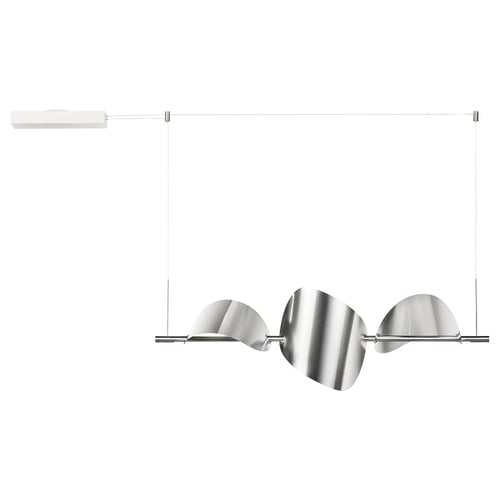 BACKSTÖRN lamp. White, metallic. Modern, sleek, and minimalist. Two chrome blades. Adaptable for dining and bar tables.