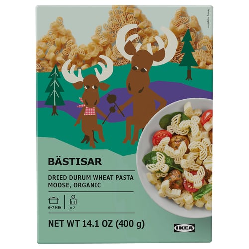 IKEA BÄSTISAR box: cartoon moose, pasta, 14. 1 oz, organic dried durum wheat pasta shaped like moose.