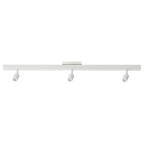 A BÄVE ceiling light track with three adjustable white spots, made of aluminium and steel, designed for versatile lighting.