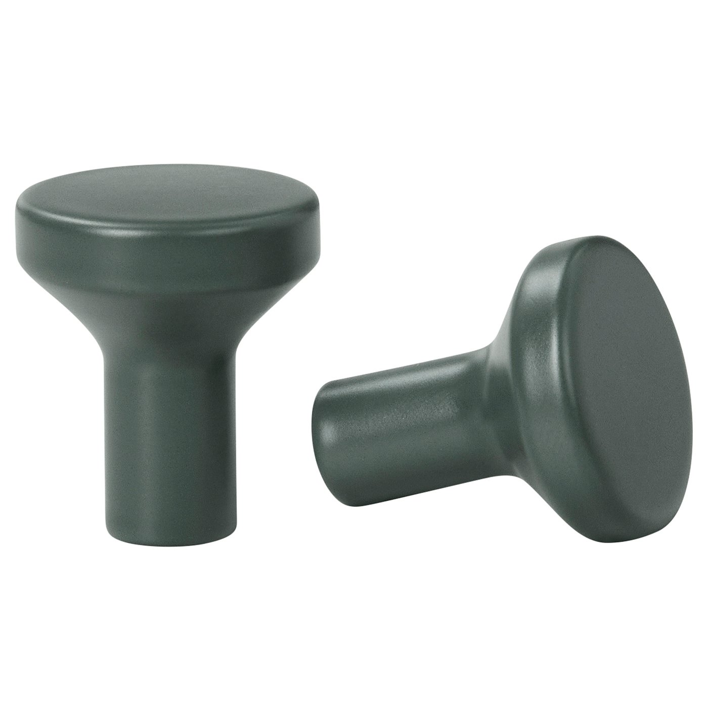 Two BAGGANÄS grey drawer knobs, round top, smooth surface, sleek modern design.