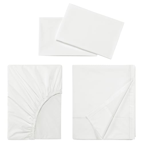 Three white bed linens displayed: flat sheet, fitted sheet, and pillowcase. All items are crisp, plain white, soft cotton, neatly arranged.