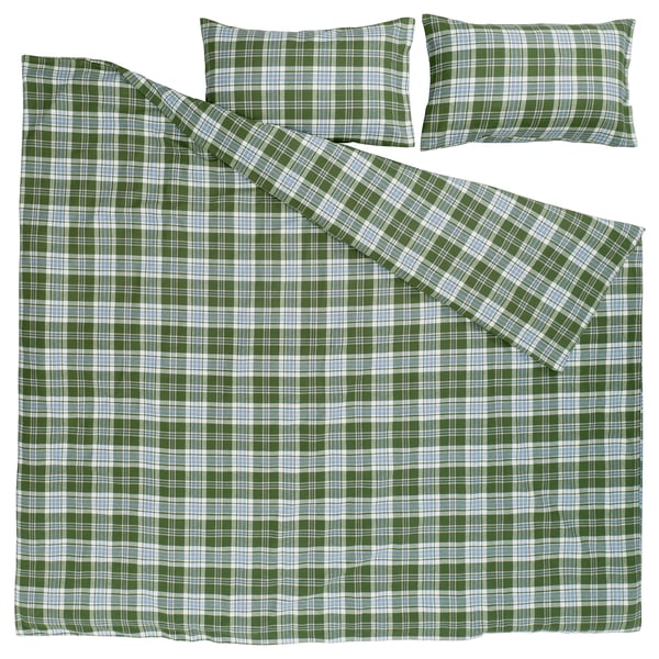 BANBJÖRNBÄR Duvet cover and pillowcase(s), dark green/check, Full/Queen (Double/Queen)