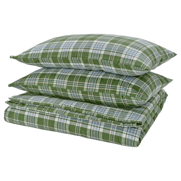 The BANBJÖRNBÄR bedding set includes a comforter and two pillows with green and white plaid design, made from 100% cotton.