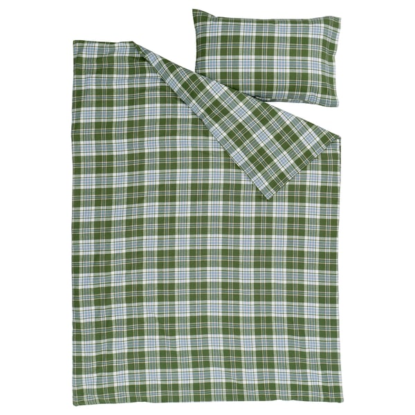 BANBJÖRNBÄR Duvet cover and pillowcase(s), dark green/check, Twin