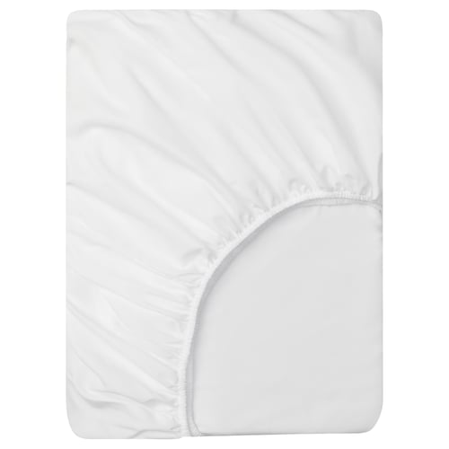 White fitted sheet with elastic, up to 25cm, recycled polyester, soft brushed surface.