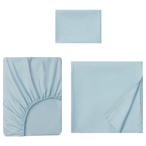 Light blue bedding set: one flat sheet, one fitted sheet, one pillowcase. Soft, recycled polyester.
