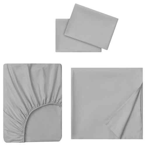 Three-piece light grey bed sheet set: flat sheet, fitted sheet, two pillowcases. Smooth, soft, comfortable.