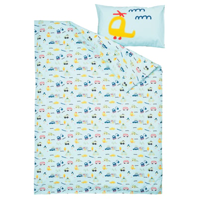 IKEA barndrom bedding set, light blue with colourful trucks, cars, and letters, 100% cotton.