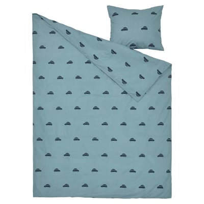 Light blue bedding set with car prints, soft cotton, includes duvet cover and pillowcase.