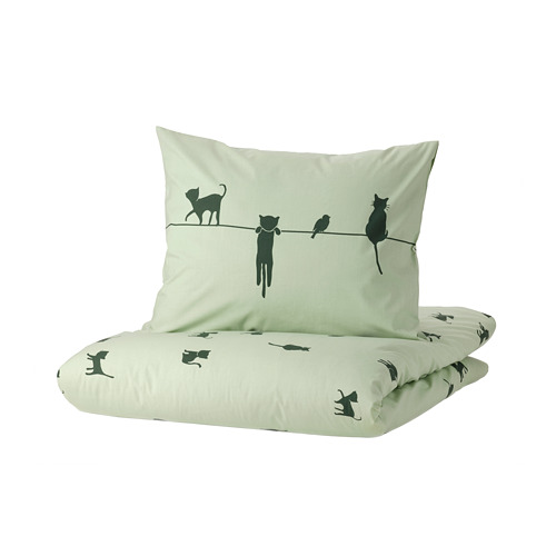 BARNDRÖM Duvet cover and pillowcase(s), cat pattern/green, Twin