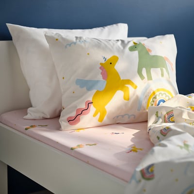 BARNDRÖM Fitted sheet, pink/unicorn pattern, Twin