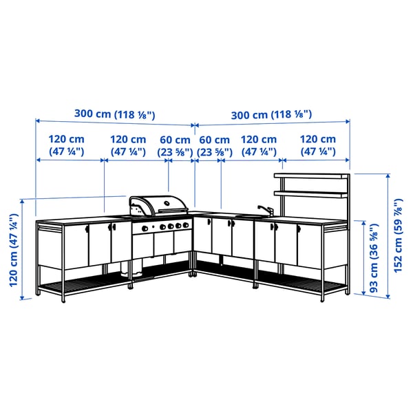 BÅTSKÄR Outdoor kitchen w gas bbq+sink unit, dark gray, 118 1/8x118 1/8 "