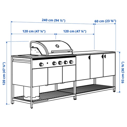 BÅTSKÄR Outdoor kitchen w gas grill, dark gray, 94 1/2x23 5/8 "