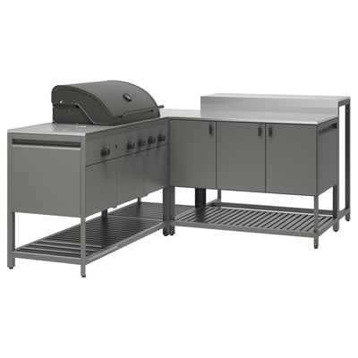 BÅTSKÄR Outdoor ktchn w gas bbq+bar table, dark gray, 86 5/8x70 7/8 "