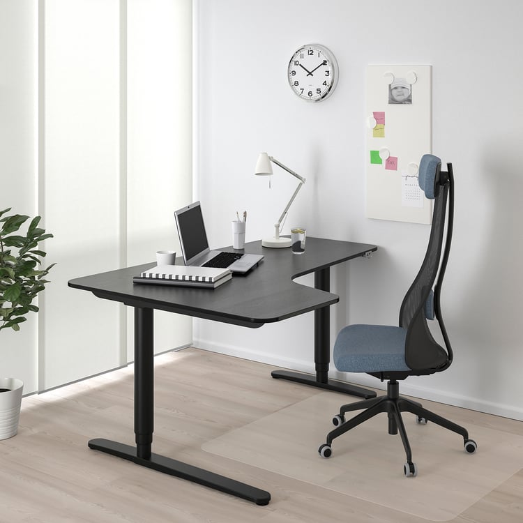 BEKANT corner desk left sit/stand, black stained ash veneer/black, 63x431/4" IKEA