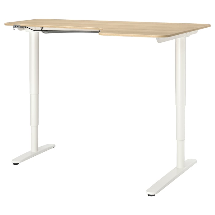 BEKANT corner desk right sit/stand, white stained oak veneer white