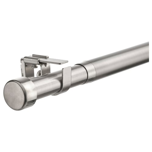 BEKRÄFTA silver curtain rod set, stainless steel, cylindrical shape, includes connectors and brackets.