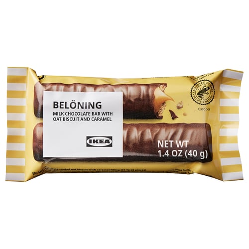 IKEA beloning chocolate bar wrapper with oat biscuit and caramel details.
