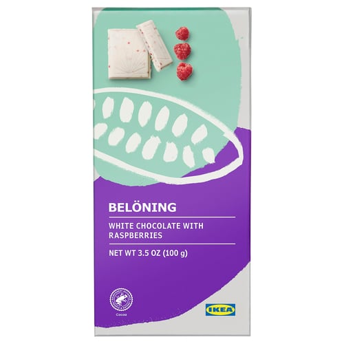 IKEA white chocolate with raspberries packaging. Product name, weight, and raspberry images on colourful design.