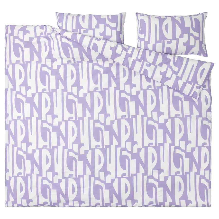 BERGHEMLOCK duvet cover and pillowcase(s), white/lilac, Full/Queen