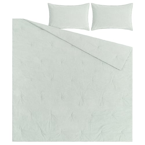 BERGPALM bedding set: green stripe cotton comforter & pillowcases, vintage look.