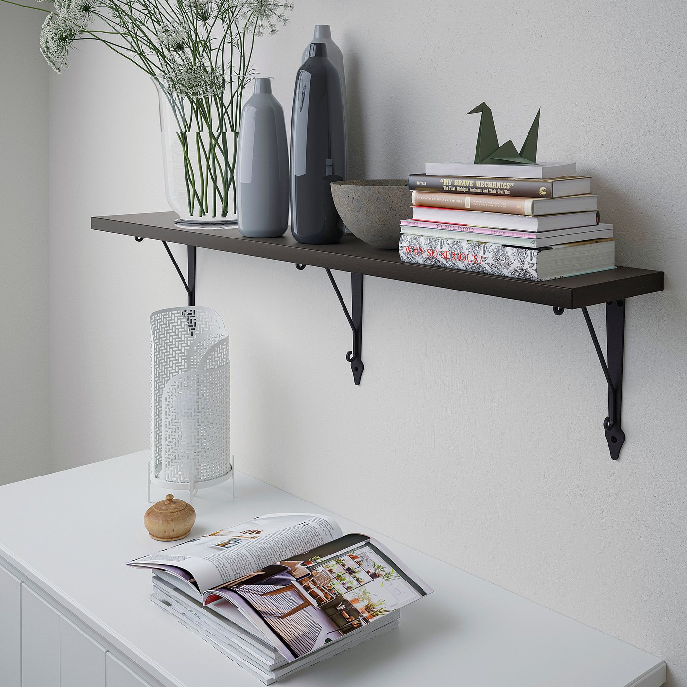 BERGSHULT / KROKSHULT wall shelf, brown-black/anthracite, 471/4x77