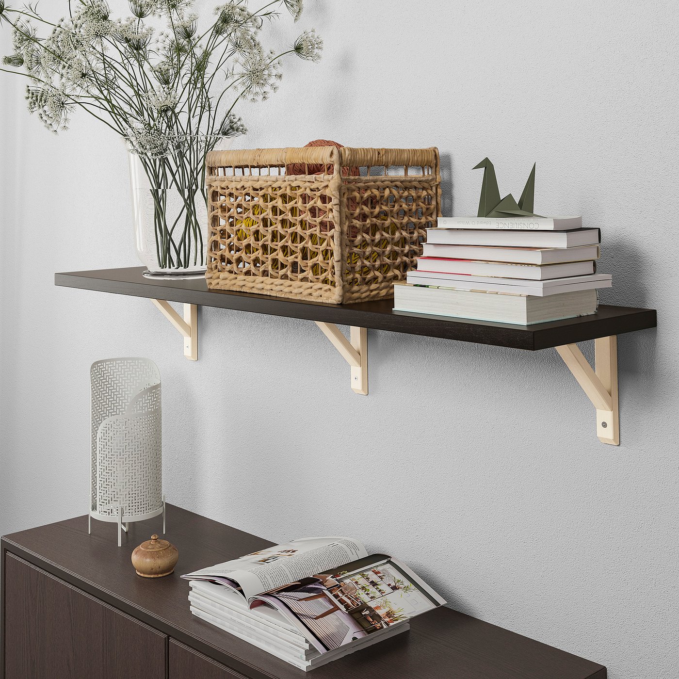 BERGSHULT / SANDSHULT wall shelf, brown-black/aspen, 471/4x113/4