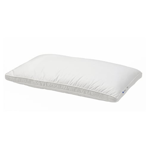 A white BERGVEN pillow. Its rectangular, filled with down and feathers, and has double-stitched edges for a full look.