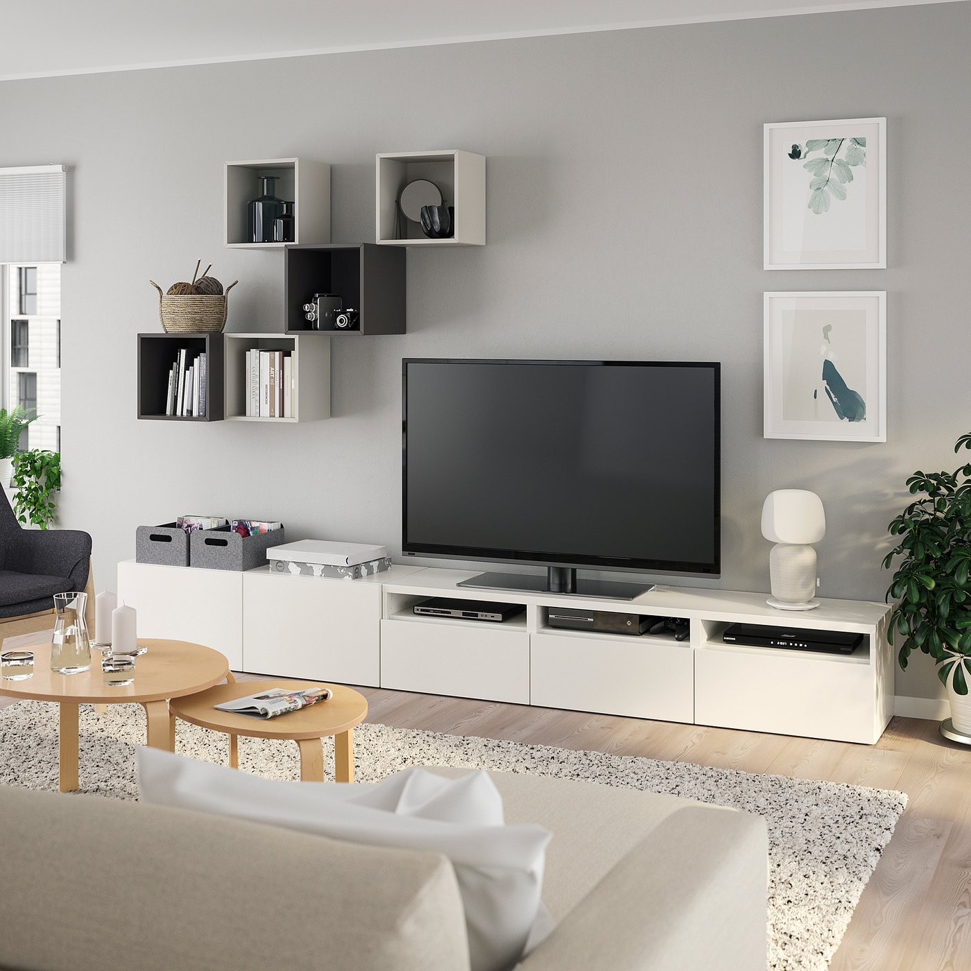 BESTÅ / EKET TV storage combination, white/light gray/dark gray, 1181