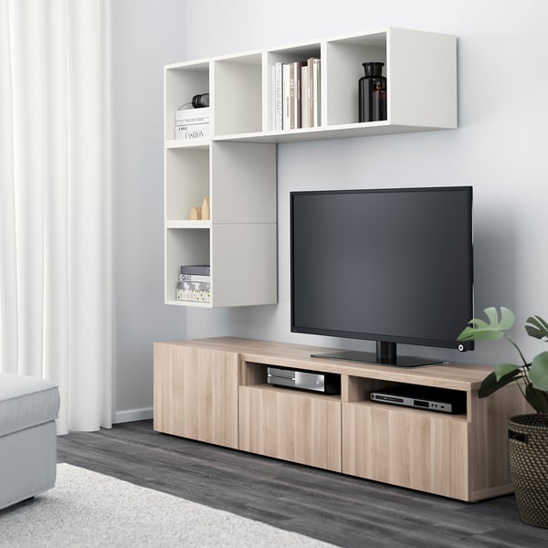 BESTÅ / EKET TV storage combination, white/walnut effect light gray