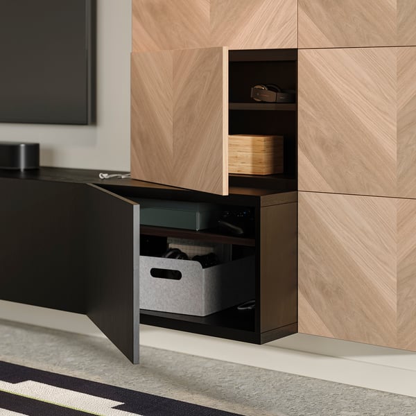 BESTÅ Media storage combination, black-brown Lappviken/Hedeviken oak, 118 1/8x16 1/2x44 7/8 "