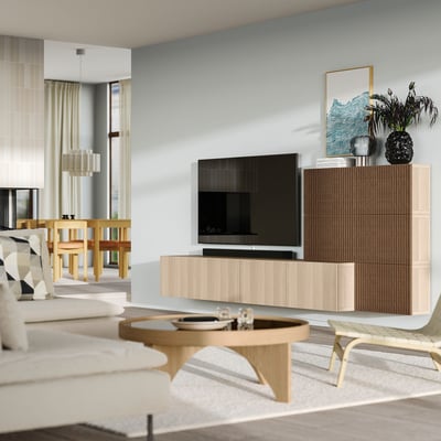 BESTÅ Media storage combination, white stained oak effect Lappviken/Björköviken brown, 118 1/8x16 1/2x44 7/8 "