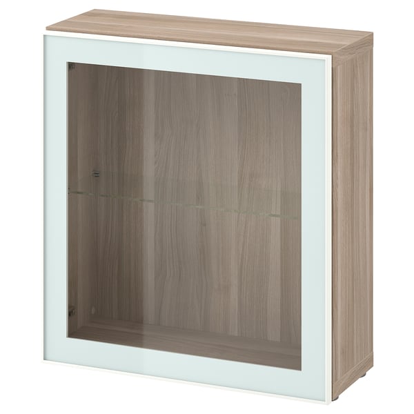 BESTÅ shelf unit with glass door, walnut effect light gray Glassvik