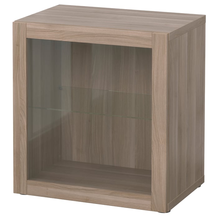 BESTÅ shelf unit with glass door, walnut effect light gray/Sindvik gray stained walnut eff clear