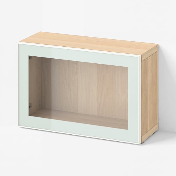 BESTÅ Shelf unit with glass door, white stained oak effect Glassvik/white/light green clear glass, 23 5/8x8 5/8x15 "