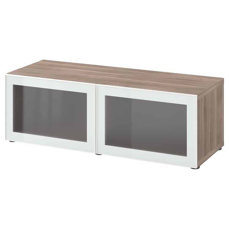 BESTÅ shelf unit with glass doors, walnut effect light gray Glassvik