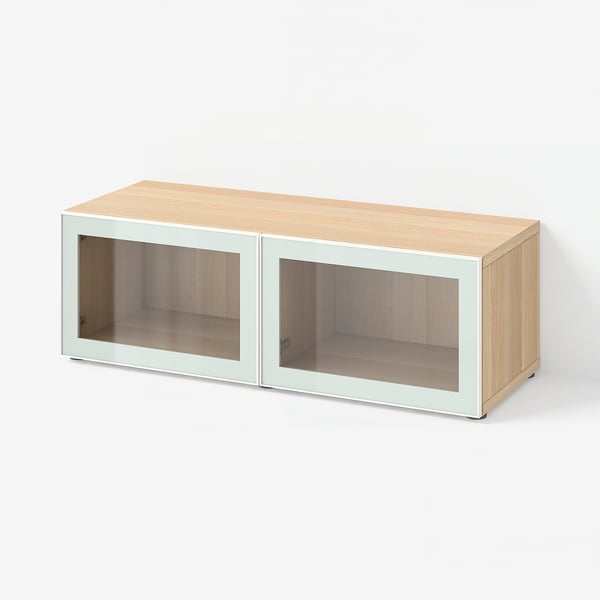 BESTÅ Shelf unit with glass doors, white stained oak effect Glassvik/white/light green clear glass, 47 1/4x16 1/2x15 "