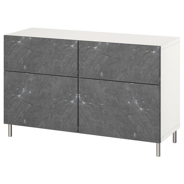 BESTÅ Storage combination w doors/drawers, white Bergsviken/Ösarp/black marble effect, 47 1/4x16 1/2x29 1/8 "